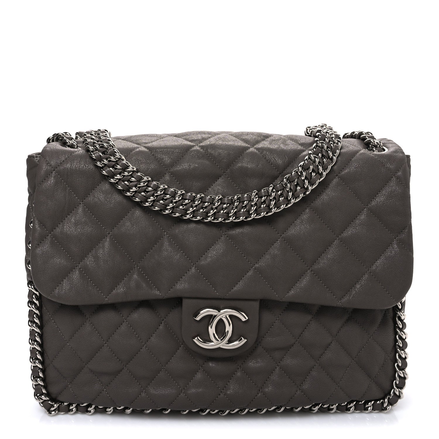 CHANEL グレー ボディバッグ キルティング Chanel Washed Lambskin Quilted Chain Around Maxi Flap Taupe