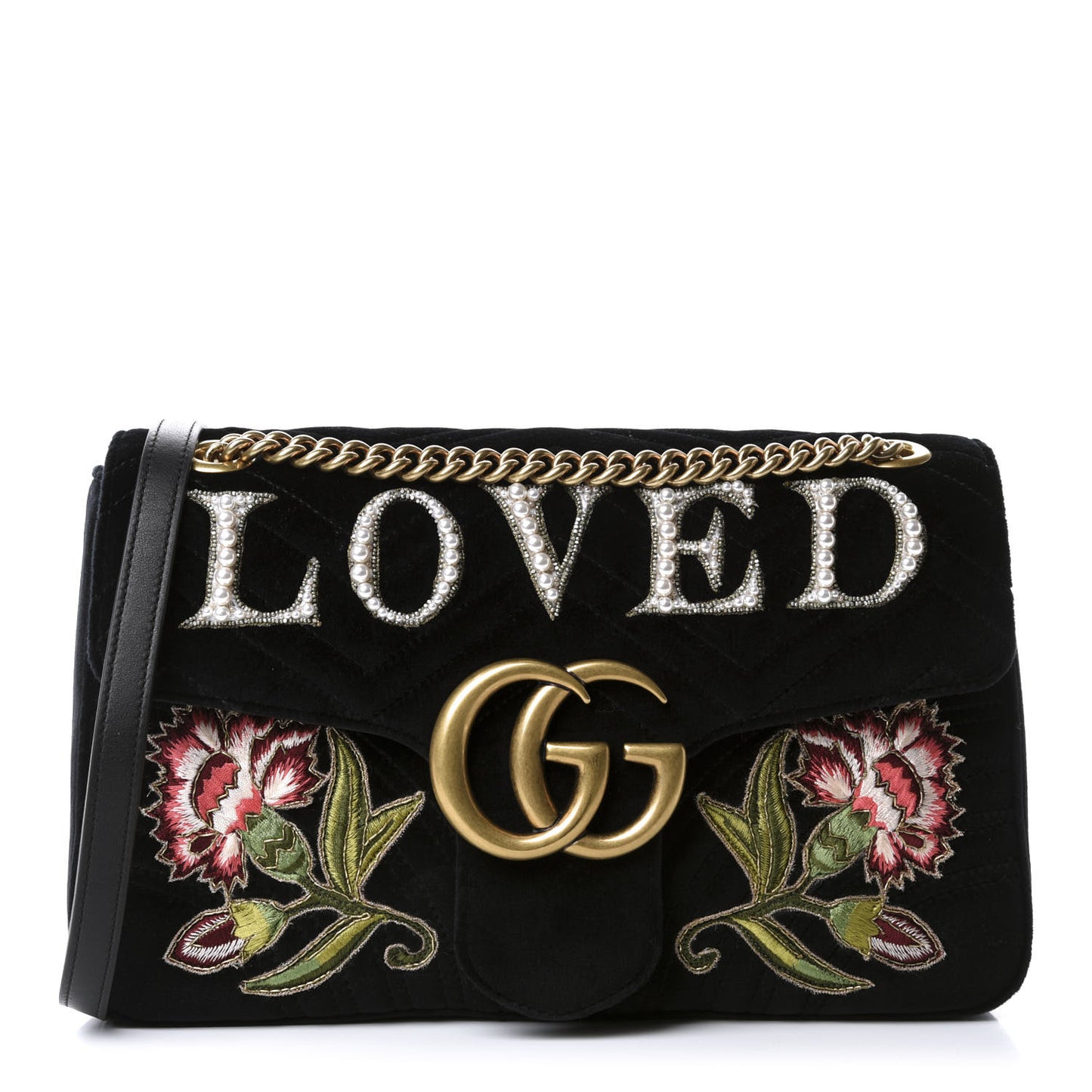 Velvet Matelasse Loved Embroidered Medium GG Marmont Shoulder Bag Black