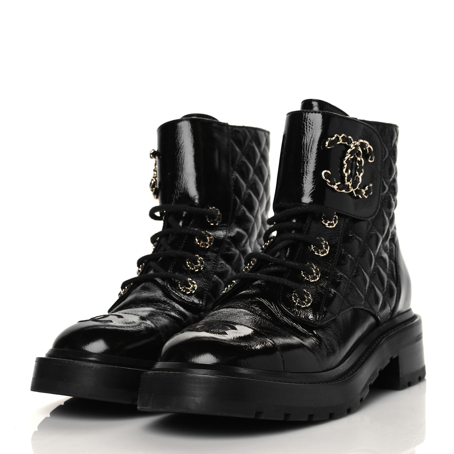 Shiny Goatskin Calfskin Quilted Lace Up Combat Boots 38 Black