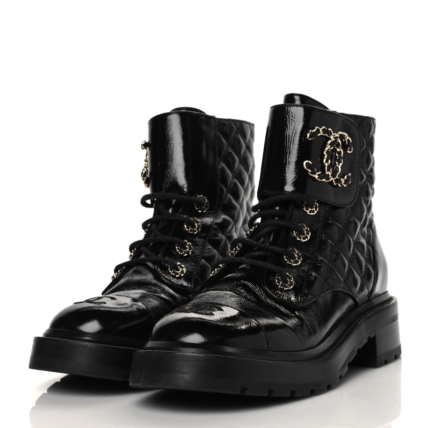 Chanel Shiny Goatskin Calfskin Quilted Lace Up Combat Boots 38 Black 3 of 8