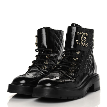 Chanel Shiny Goatskin Calfskin Quilted Lace Up Combat Boots 38 Black 3 of 8