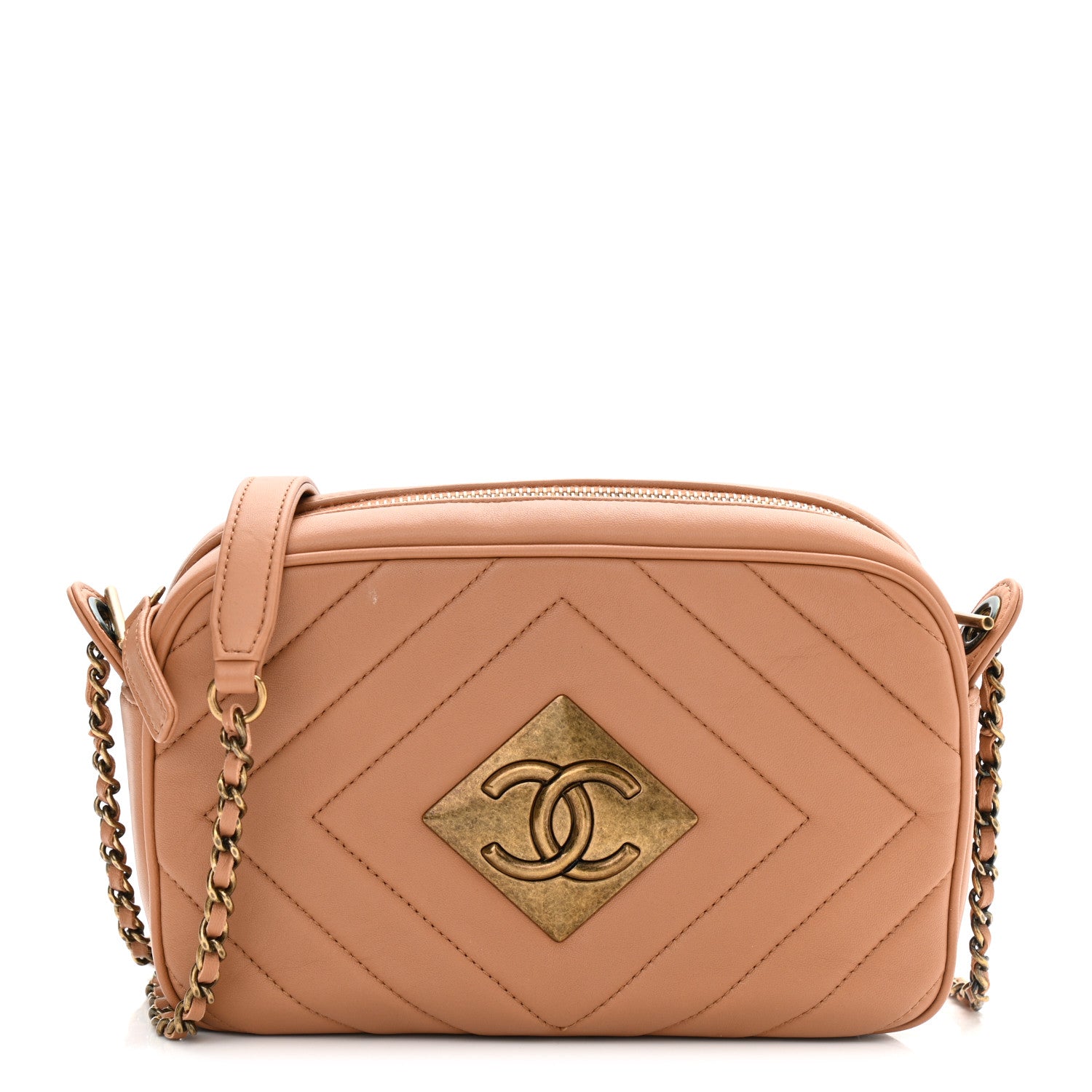 Chanel Lambskin Chevron Quilted Pyramid CC Camera Case Camel 1 of 12