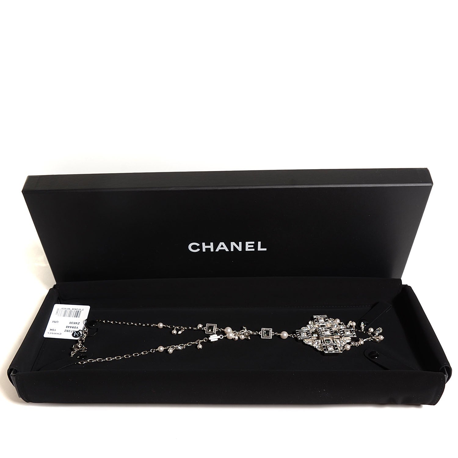 Chanel Crystal Baguette Pearl Maltese Cross Necklace Black Silver 5 of 5