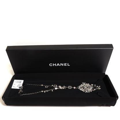Chanel Crystal Baguette Pearl Maltese Cross Necklace Black Silver 5 of 5