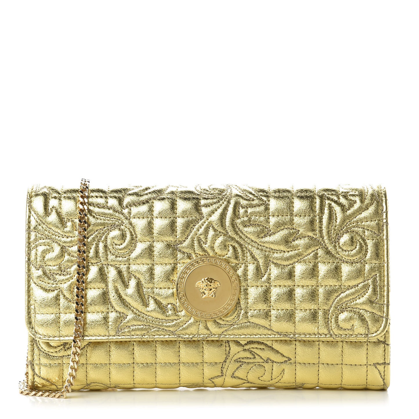 Metallic Nappa Barocco Quilted Wallet On Chain Crossbody Gold