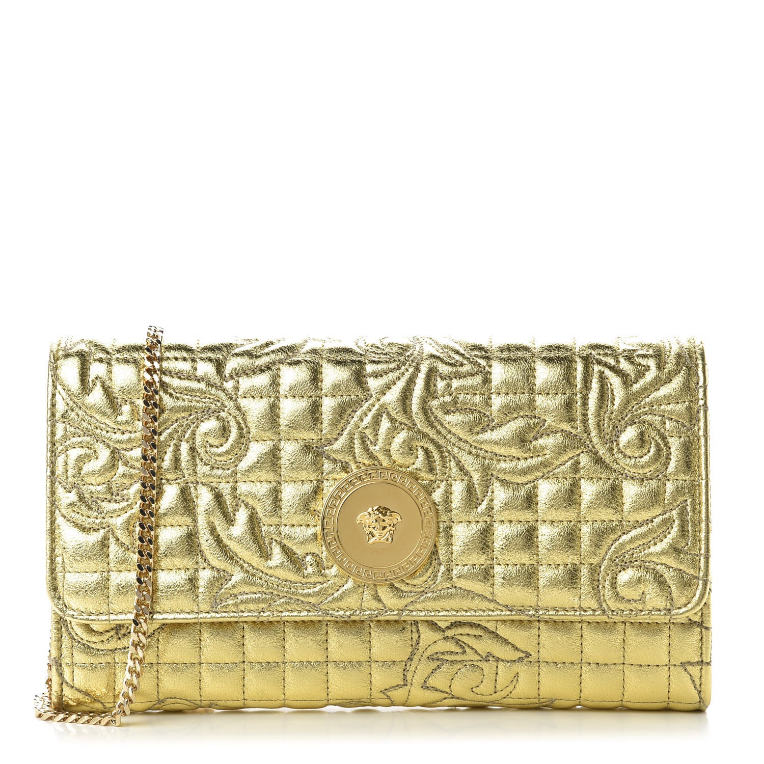 Versace Metallic Nappa Barocco Quilted Wallet On Chain Crossbody Gold 1 of 9