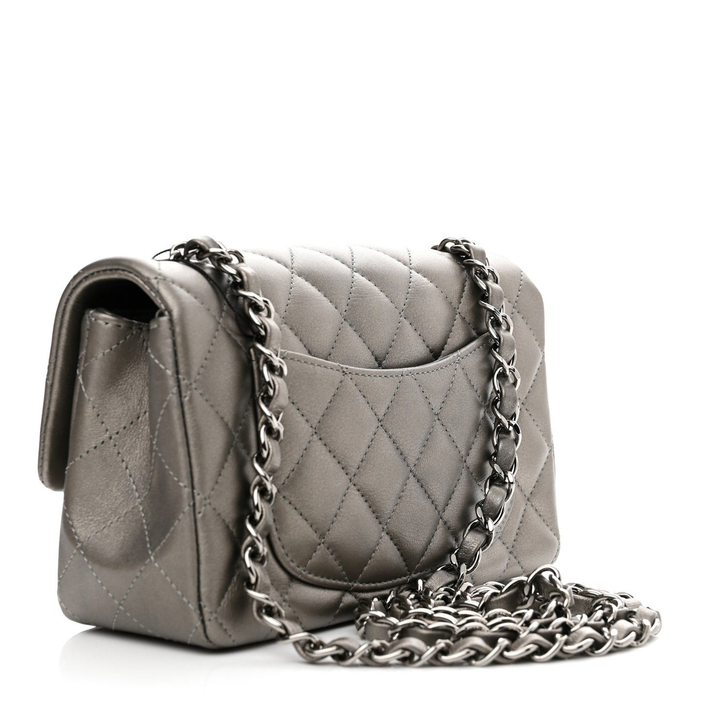 Metallic Lambskin Quilted Mini Rectangular Flap Ruthenium