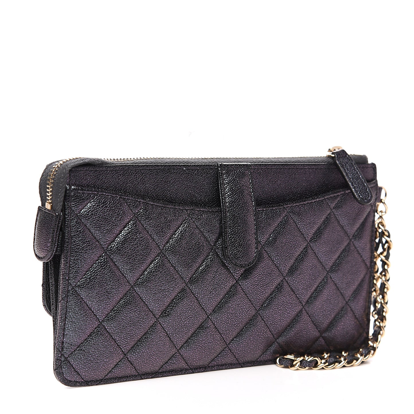 Iridescent Caviar Quilted Classic Pouch With Handle Black