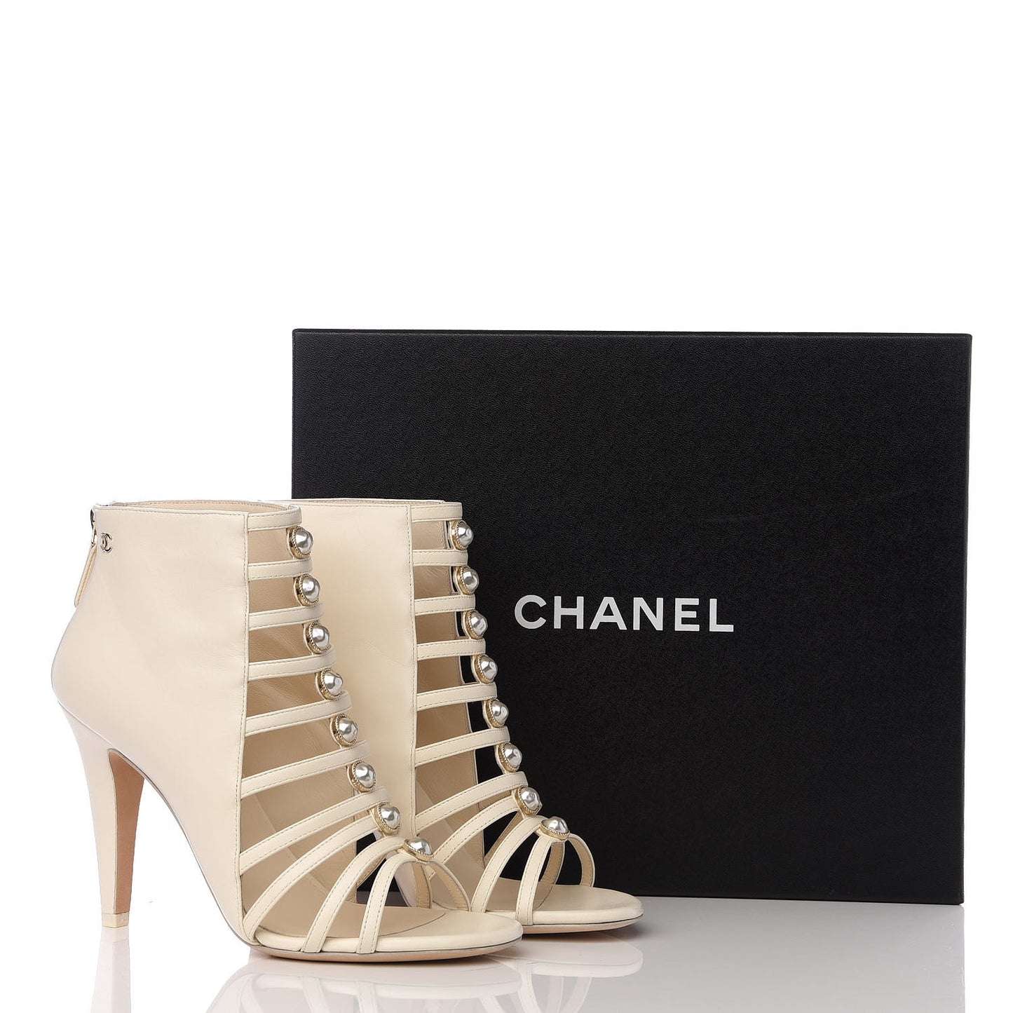 Lambskin Pearl Open Toe Caged Ankle Boots 38 Ivory
