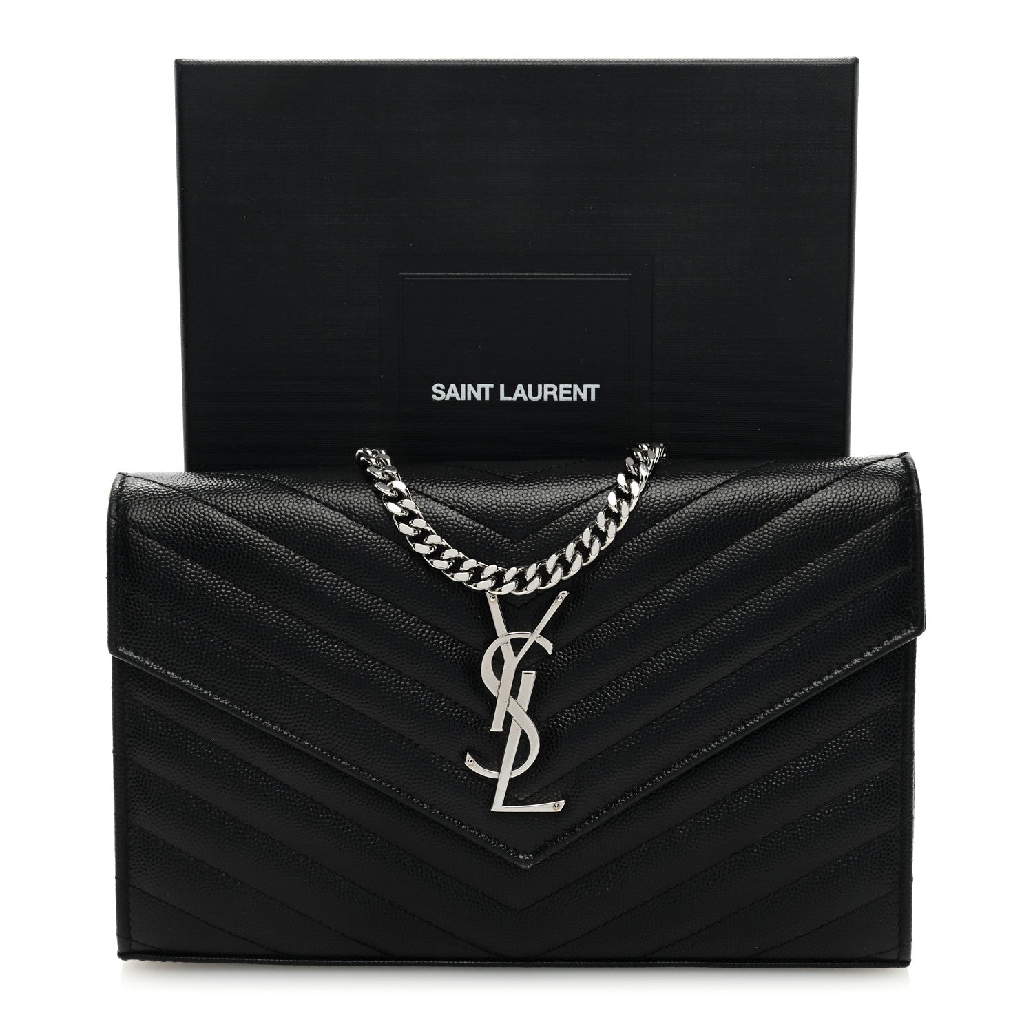 Saint Laurent Grain De Poudre Matelasse Chevron Monogram Chain Wallet Black 9 of 9