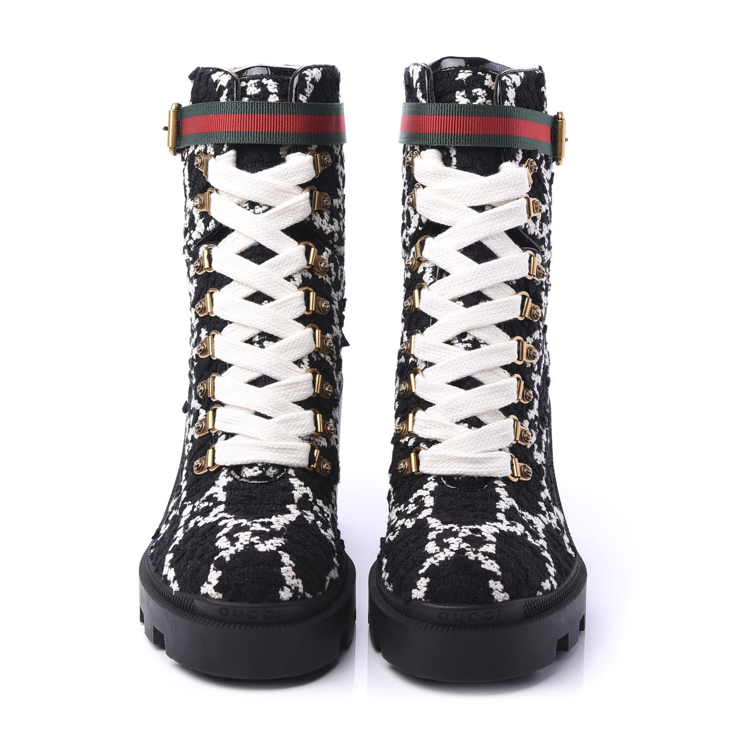 Tweed GG Monogram Lace Up Combat Ankle Boots 38 Black