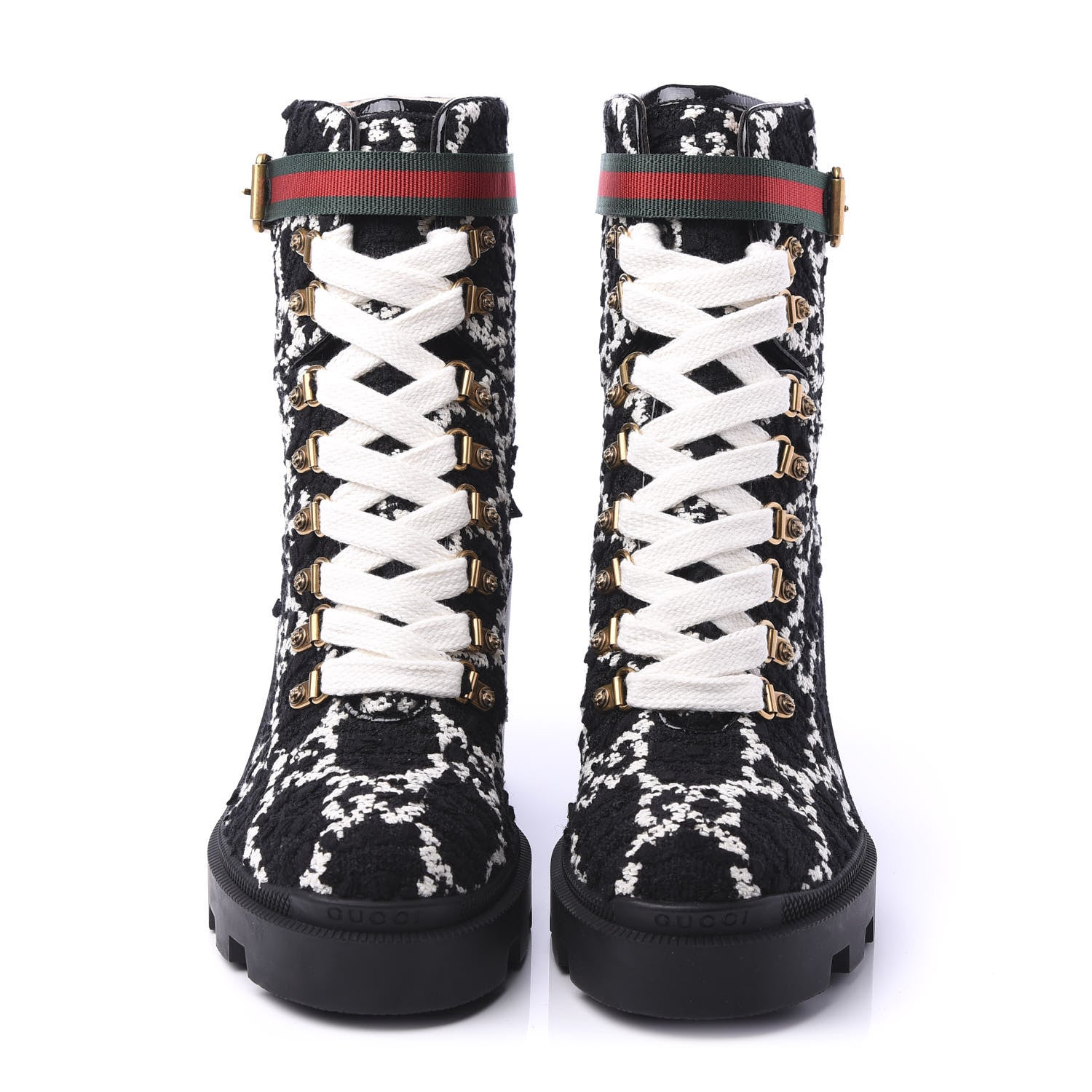 Gucci Tweed GG Monogram Lace Up Combat Ankle Boots 38 Black 2 of 9