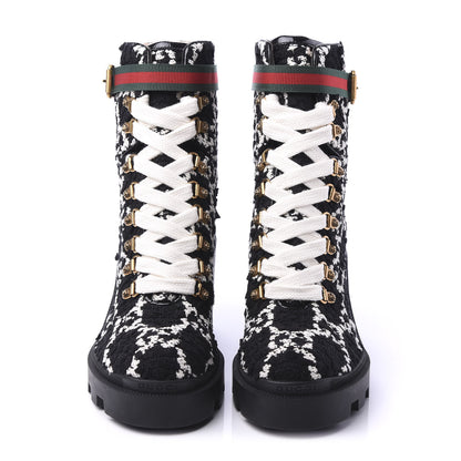 Gucci Tweed GG Monogram Lace Up Combat Ankle Boots 38 Black 2 of 9