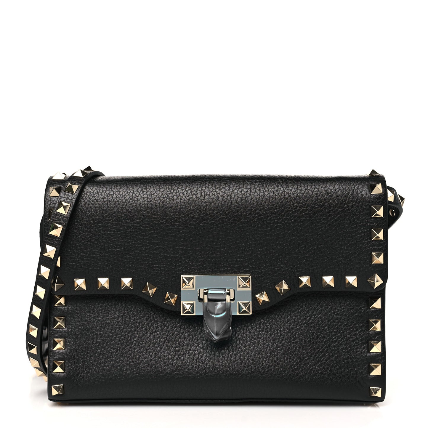 Pebbled Calfskin Medium Rockstud Flip Lock Crossbody Bag Black
