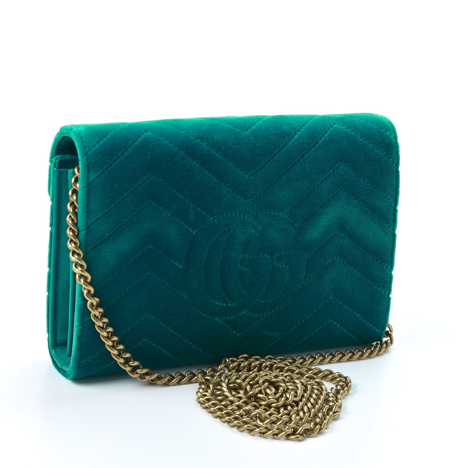 Gucci Velvet Matelasse GG Marmont Chain Wallet Pavone Cyan 2 of 10