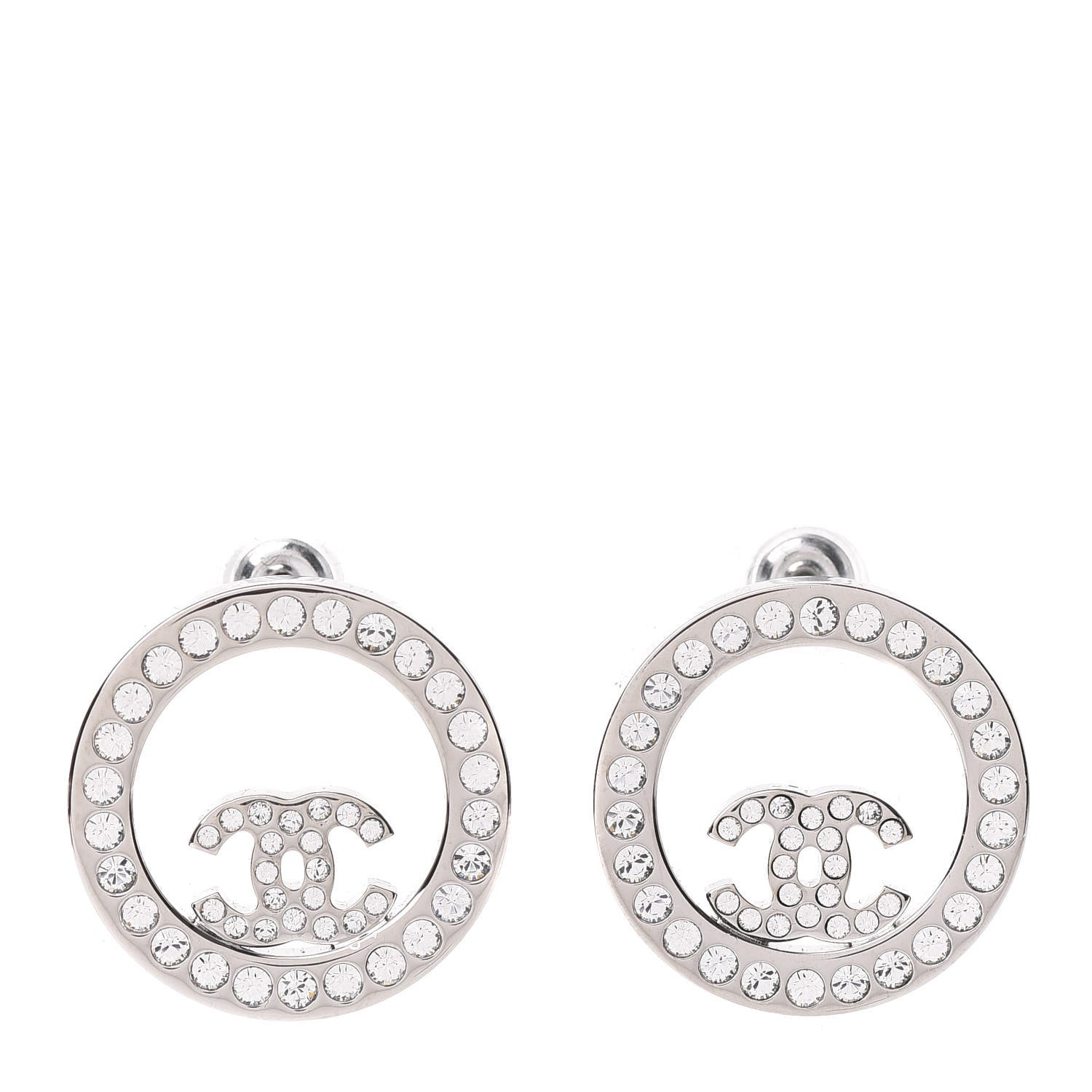 Chanel Crystal CC Round Earrings Silver 1 of 6