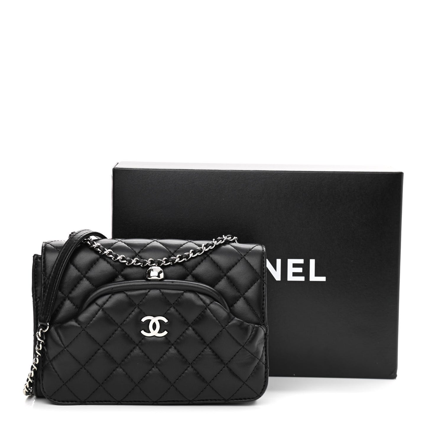 Lambskin Quilted Kiss Lock Flap Bag Black