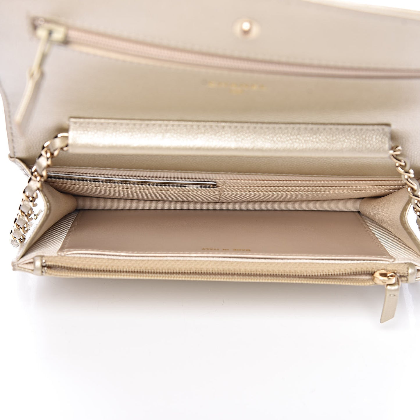 Pearly Caviar Quilted Wallet On Chain WOC Light Gold