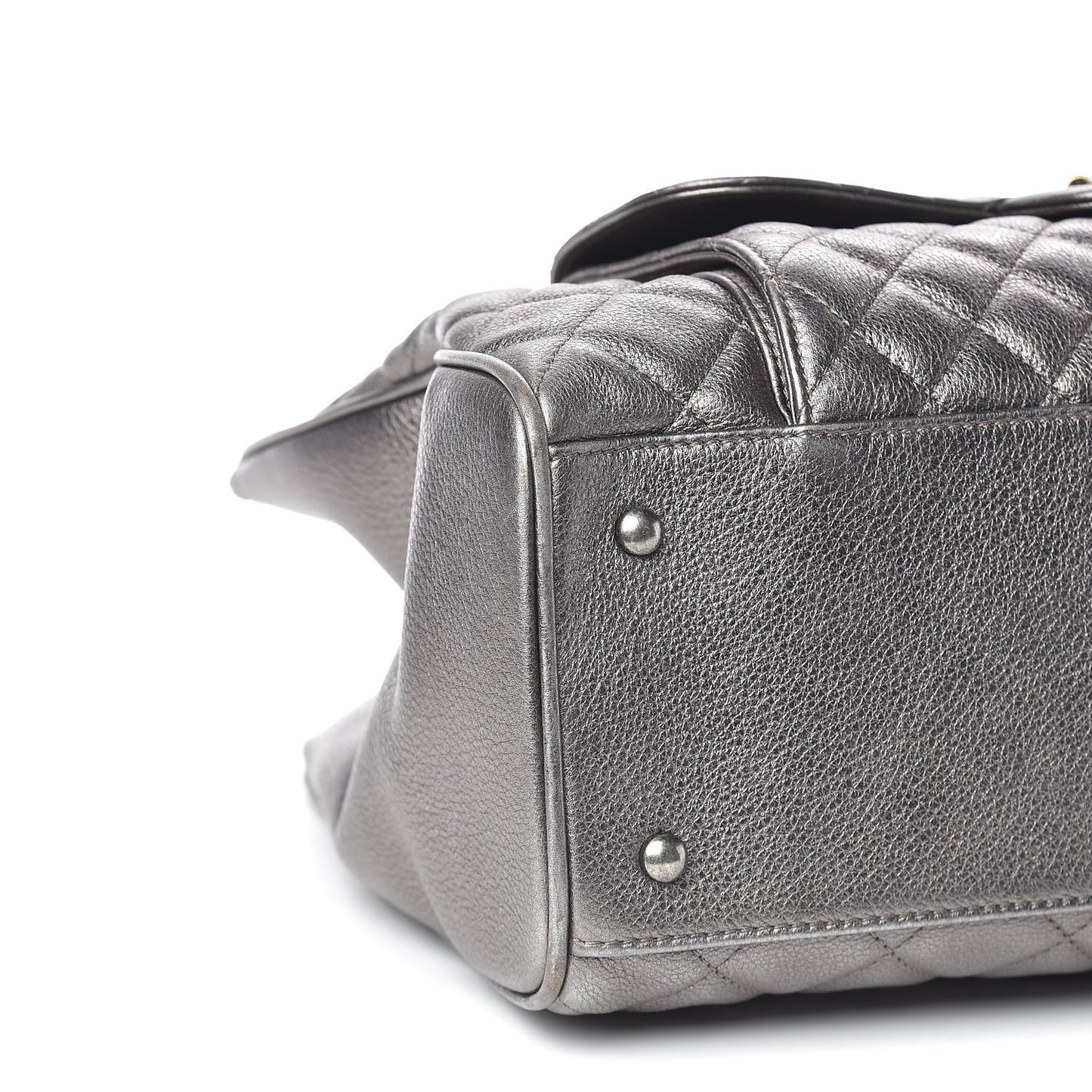 Metallic Grained Calfskin Quilted Large Casual Pocket Tote Silver