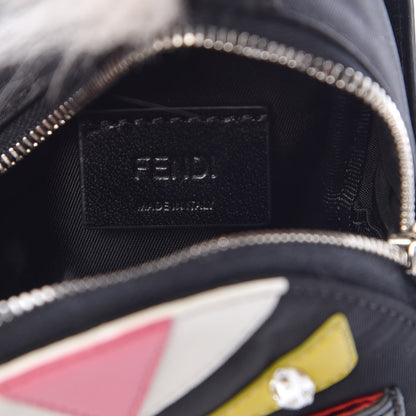 Fendi Nylon Shiny Nappa Nutria Fox Fur Monster Eyes Mini Backpack Charm Black Multicolor 6 of 7