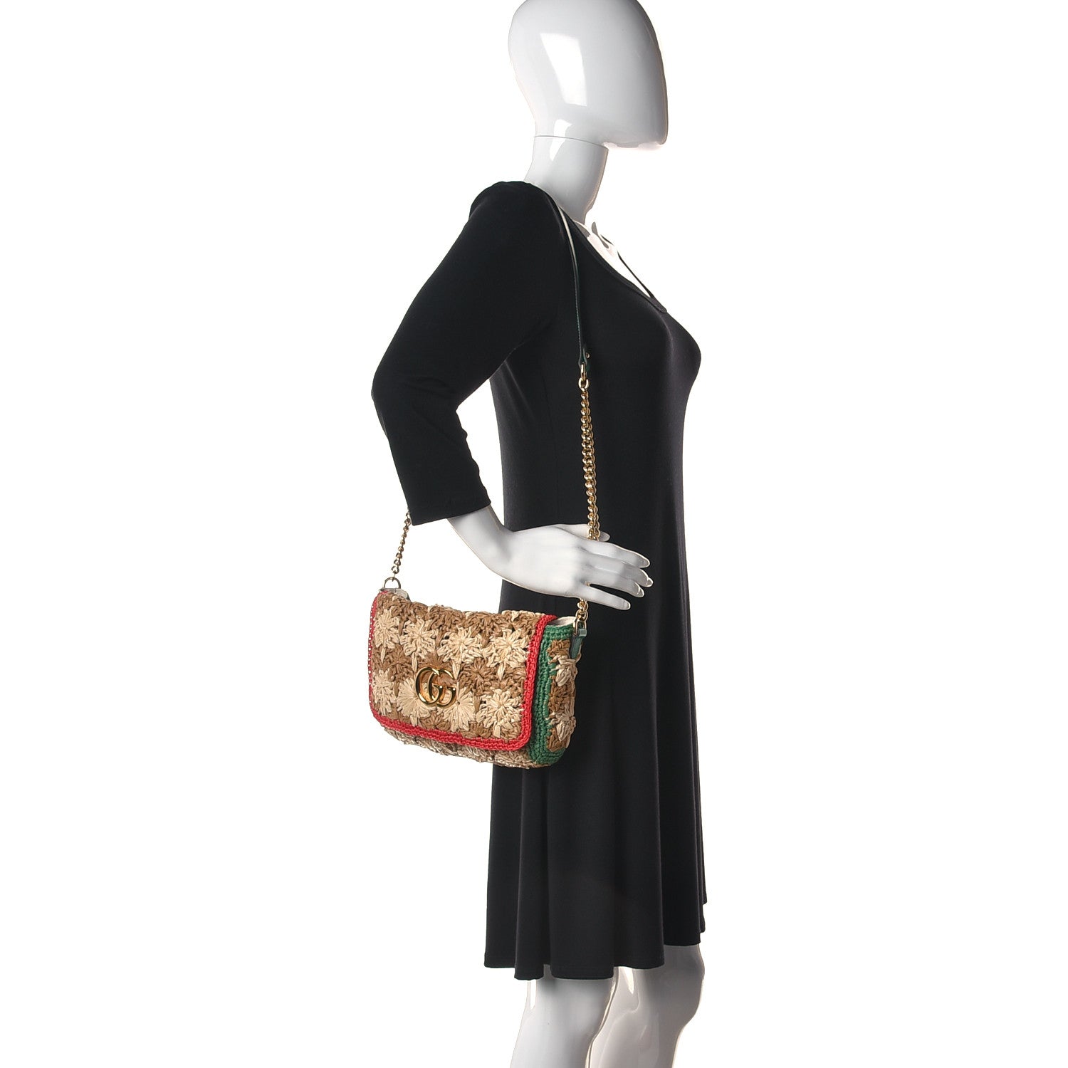 Gucci Raffia Azalea Calfskin Crochet Flower Small GG Marmont Shoulder Bag Natural Ecru Green Red New Shamarock 2 of 13