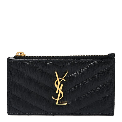 Saint Laurent Grain De Poudre Matelasse Chevron Monogram Fragments Zippered Card Case Black 1 of 8