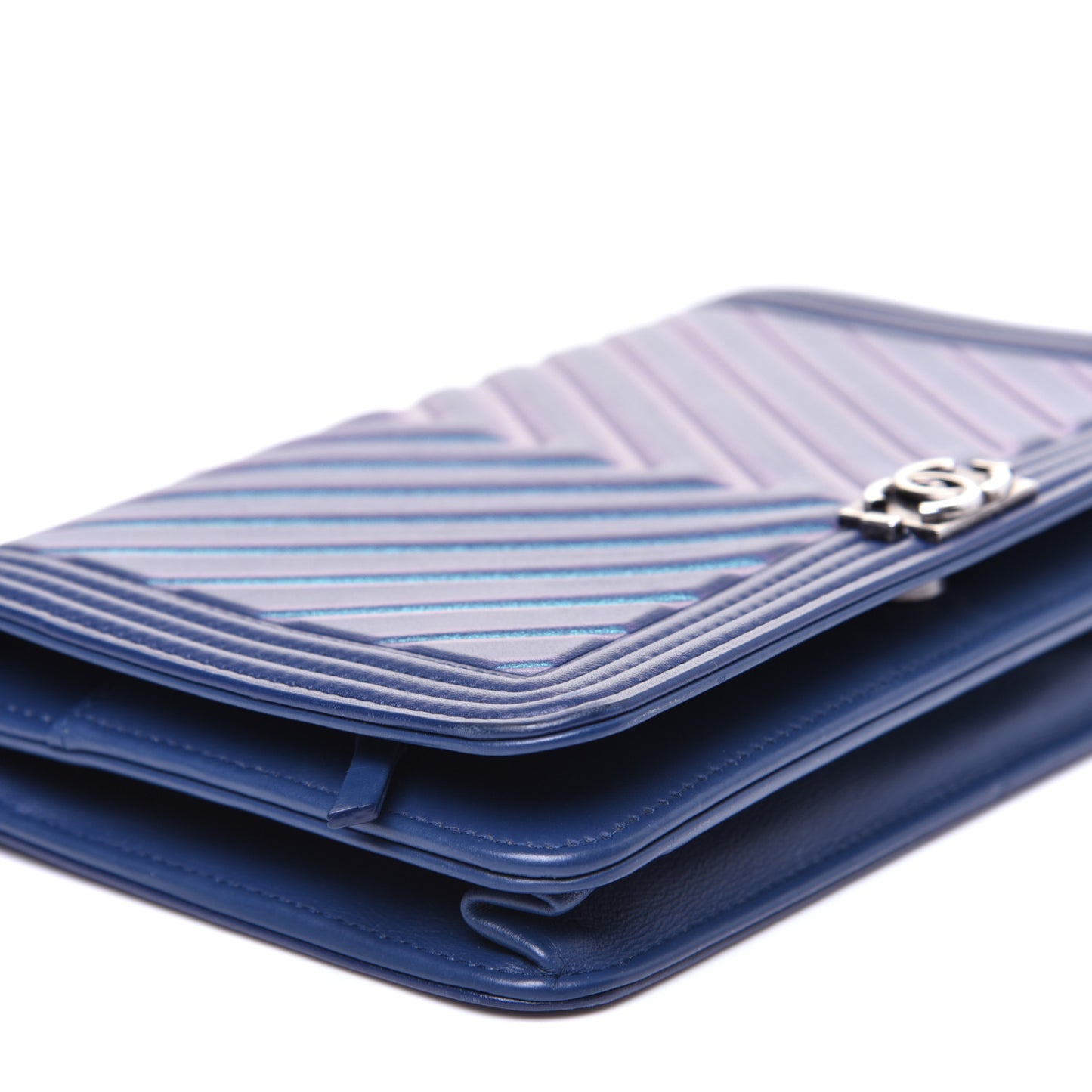 Calfskin Painted Chevron Embossed Boy Wallet On Chain WOC Navy