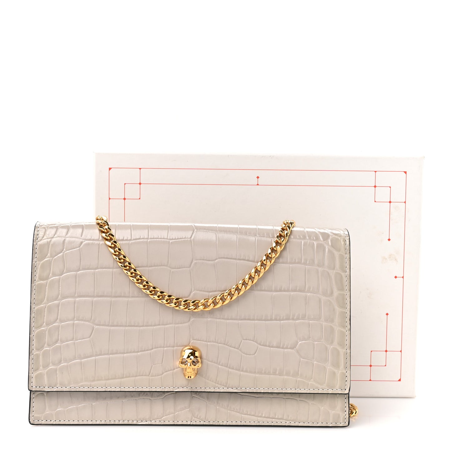Calfskin Crocodile Embossed Skull Medium Shoulder Bag Grey