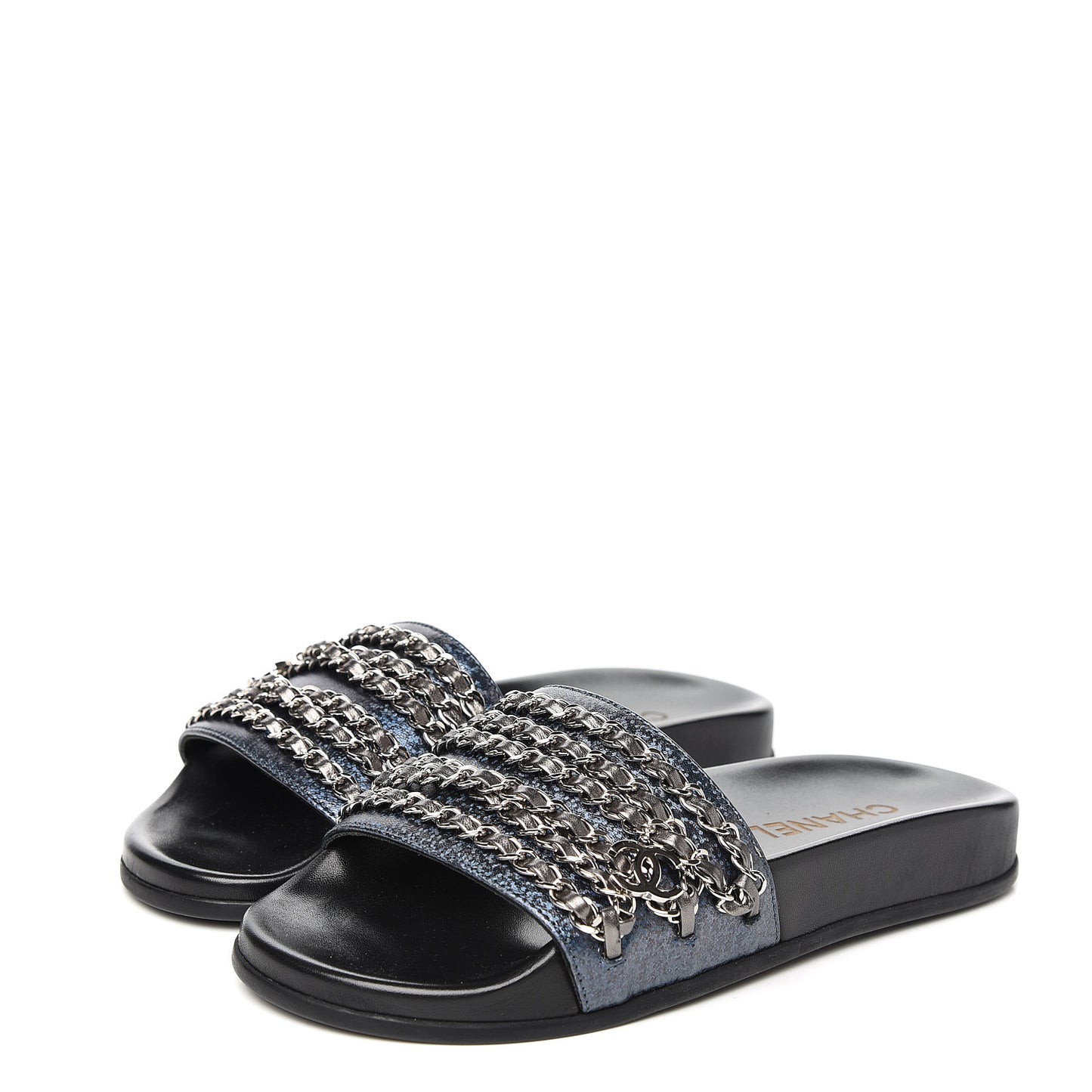 Metallic Lambskin Canvas Chain Flat Sandals 36 Dark Blue
