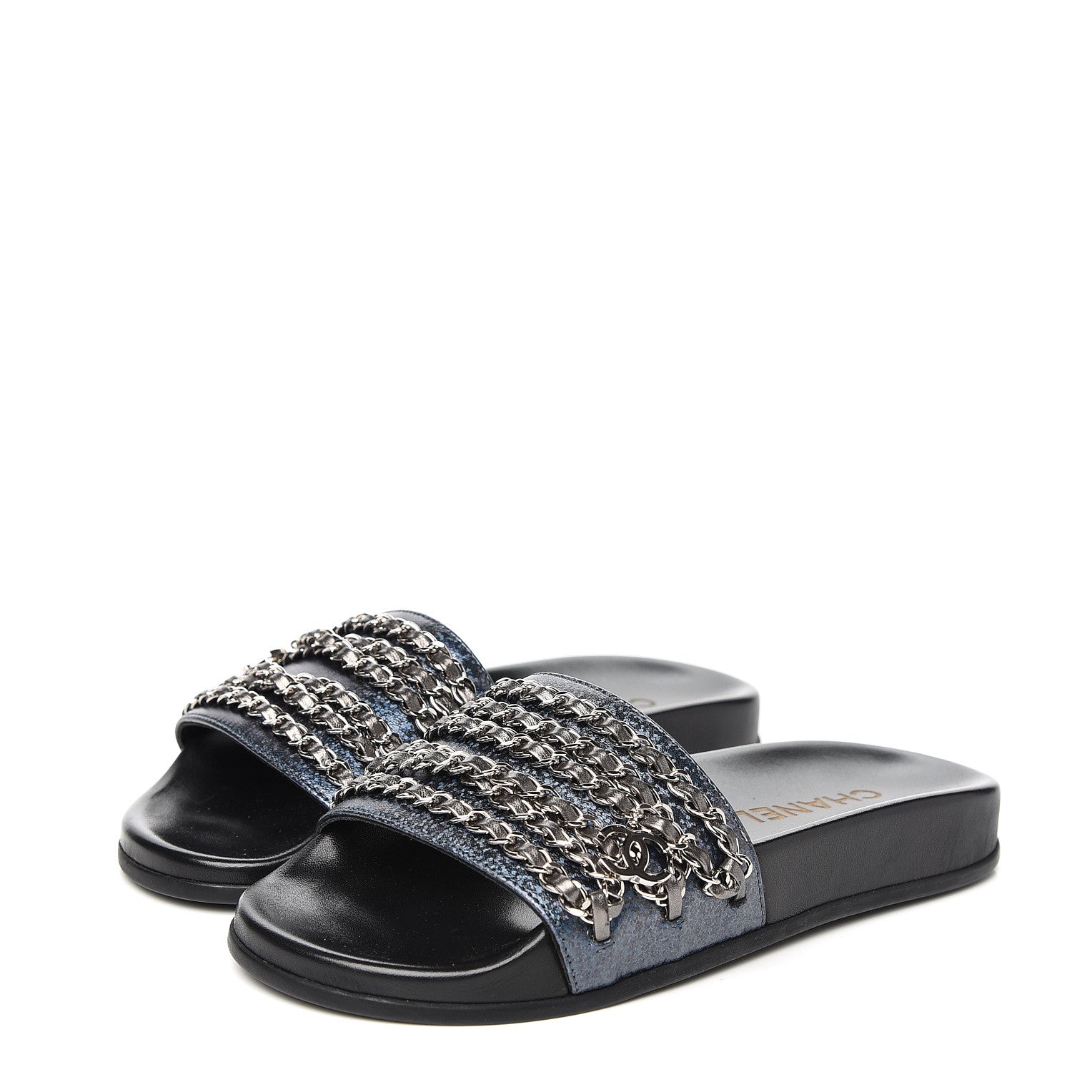 Chanel Metallic Lambskin Canvas Chain Flat Sandals 36 Dark Blue 3 of 9