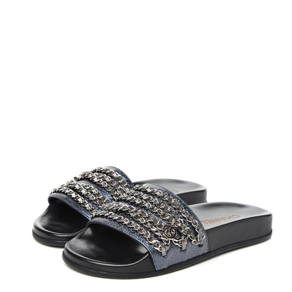 Chanel Metallic Lambskin Canvas Chain Flat Sandals 36 Dark Blue 3 of 9