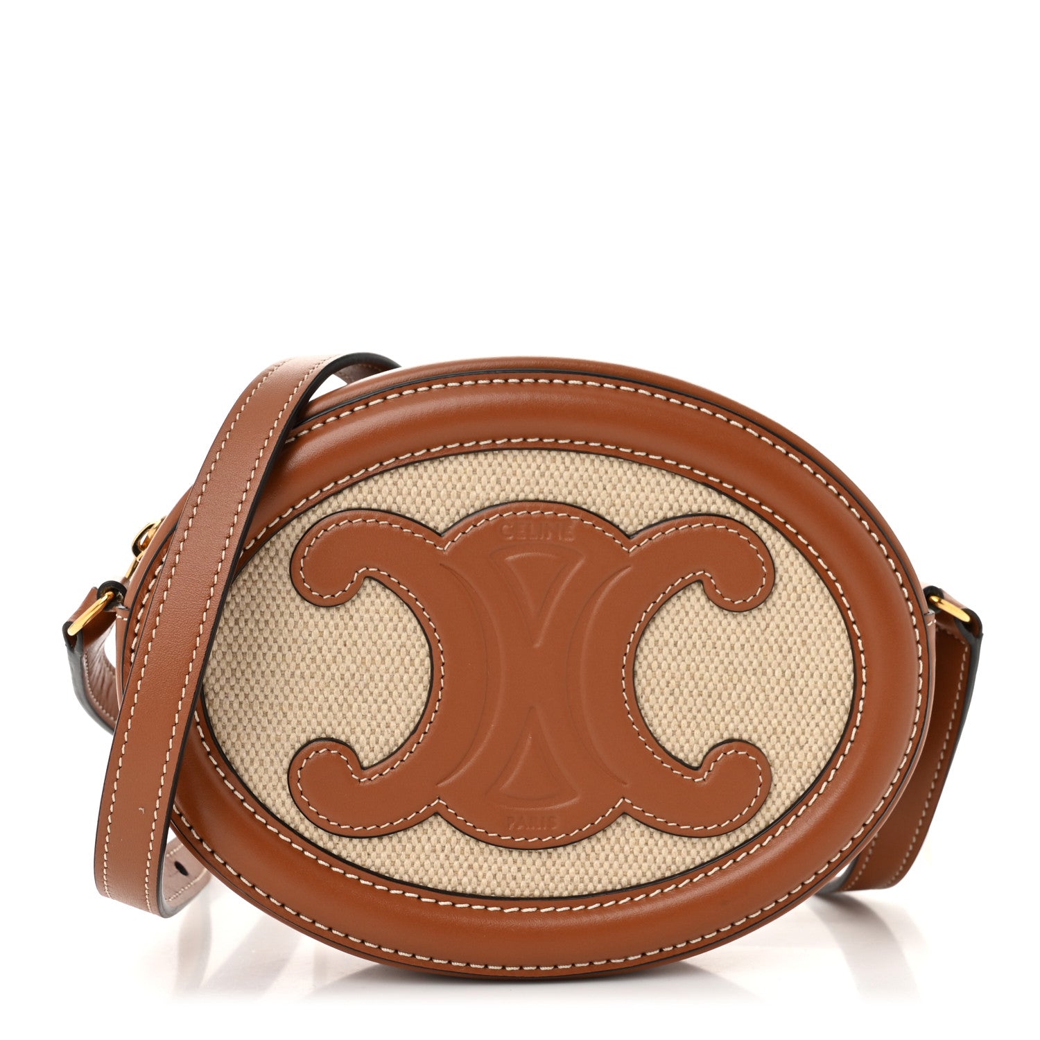 Celine Canvas Calfskin Cuir Small Triomphe Oval Crossbody Purse Natural Tan 1 of 9