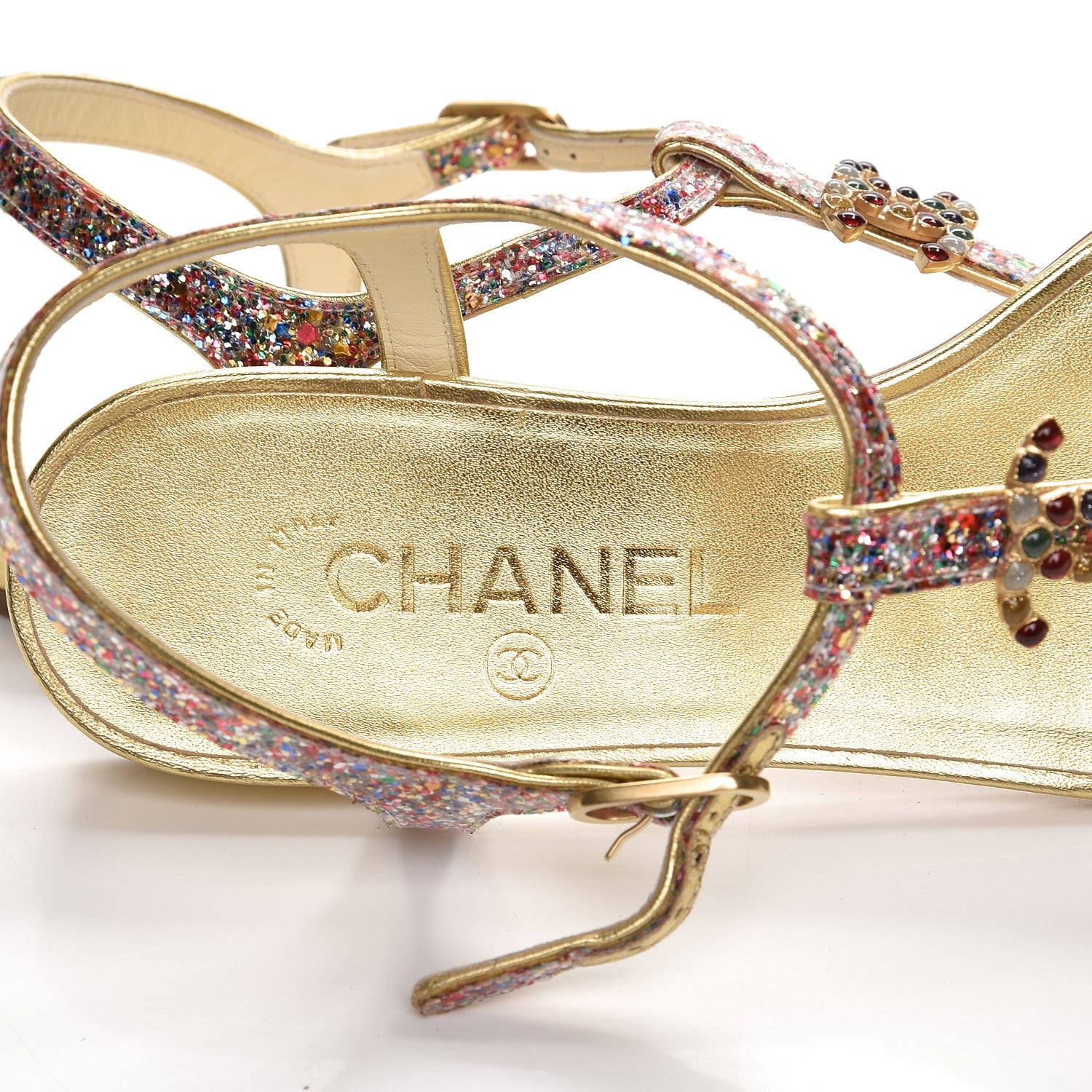 Chanel Metallic Lambskin Glitter Gripoix CC Sandals 38 Gold 6 of 7