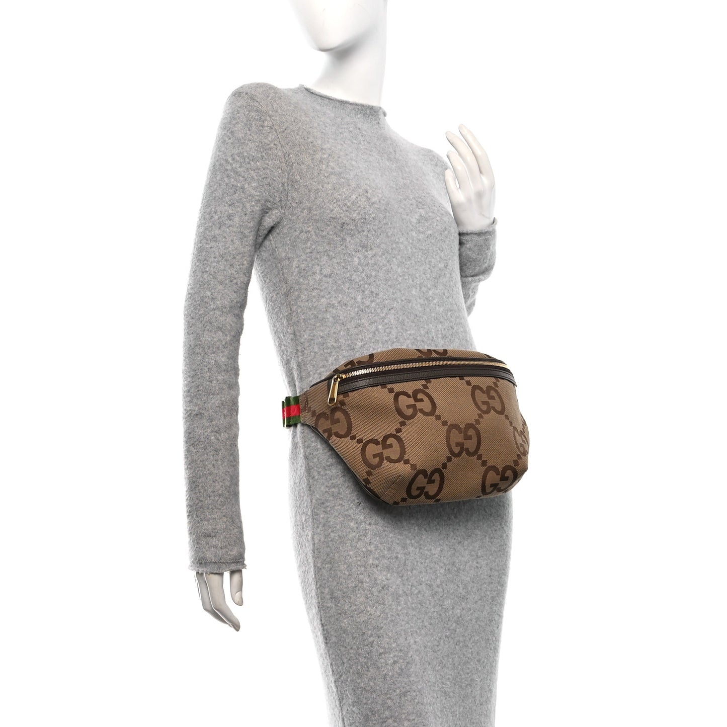 Monogram Jumbo GG Textured Dollar Calfskin Web Belt Bag Camel Ebony New Acero