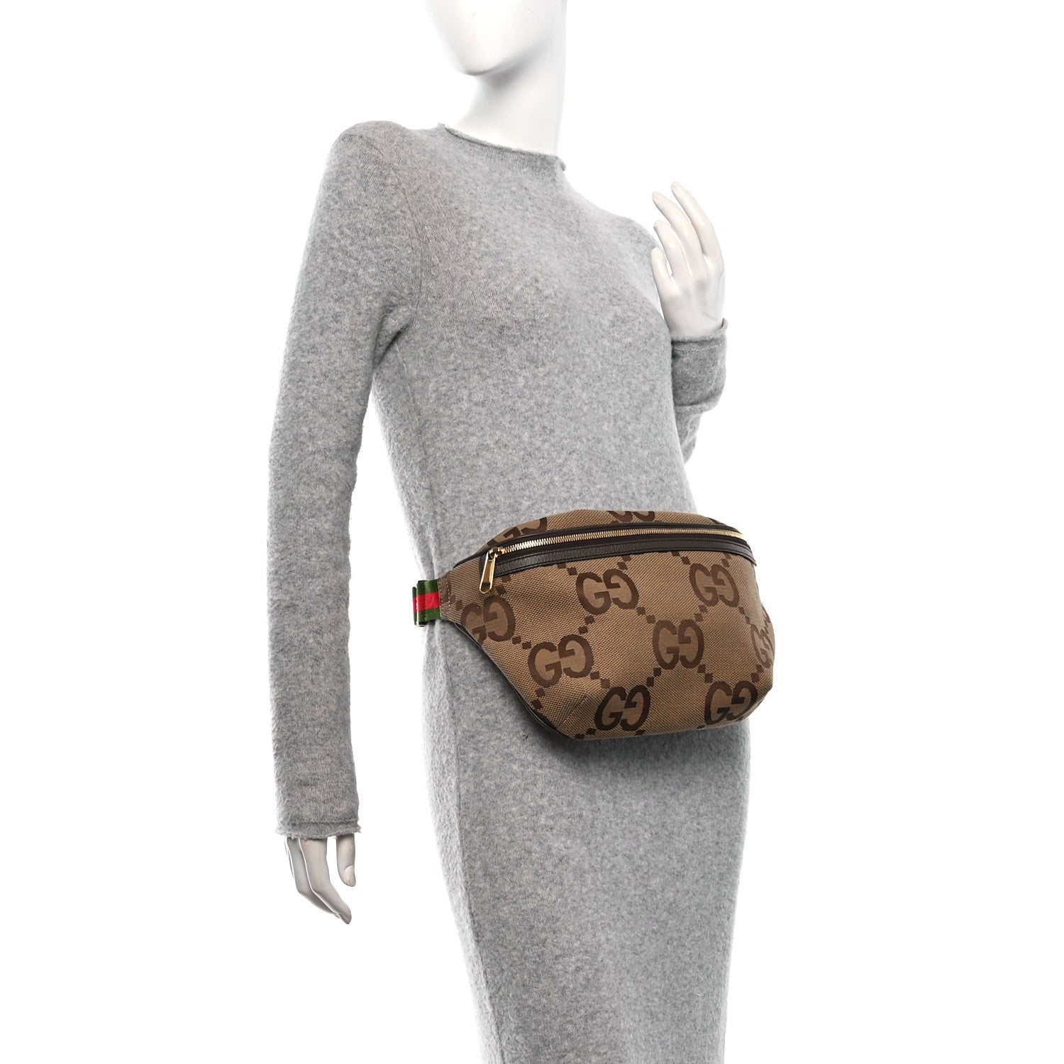 Gucci Monogram Jumbo GG Textured Dollar Calfskin Web Belt Bag Camel Ebony New Acero 2 of 11