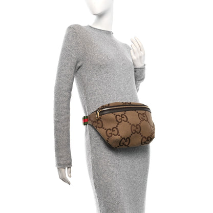 Gucci Monogram Jumbo GG Textured Dollar Calfskin Web Belt Bag Camel Ebony New Acero 2 of 11