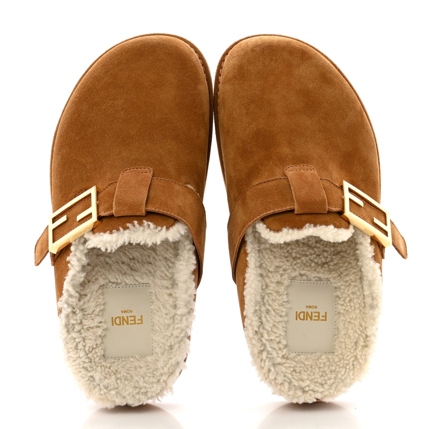 Suede Shearling Fendi Feel Buckled Clogs 36 Caramel Latte