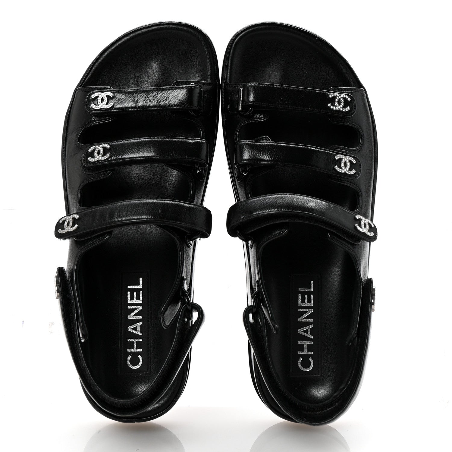 Chanel Lambskin Crystal CC Velcro Dad Sandals 37 Black 2 of 10