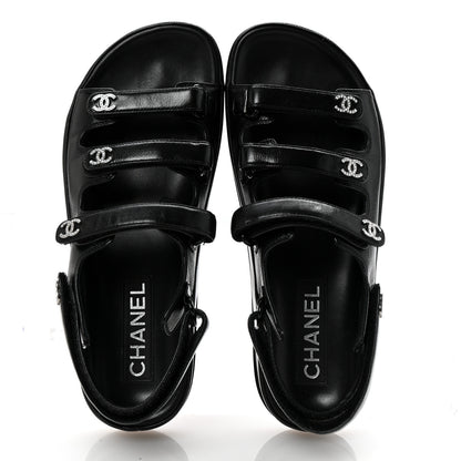 Chanel Lambskin Crystal CC Velcro Dad Sandals 37 Black 2 of 10
