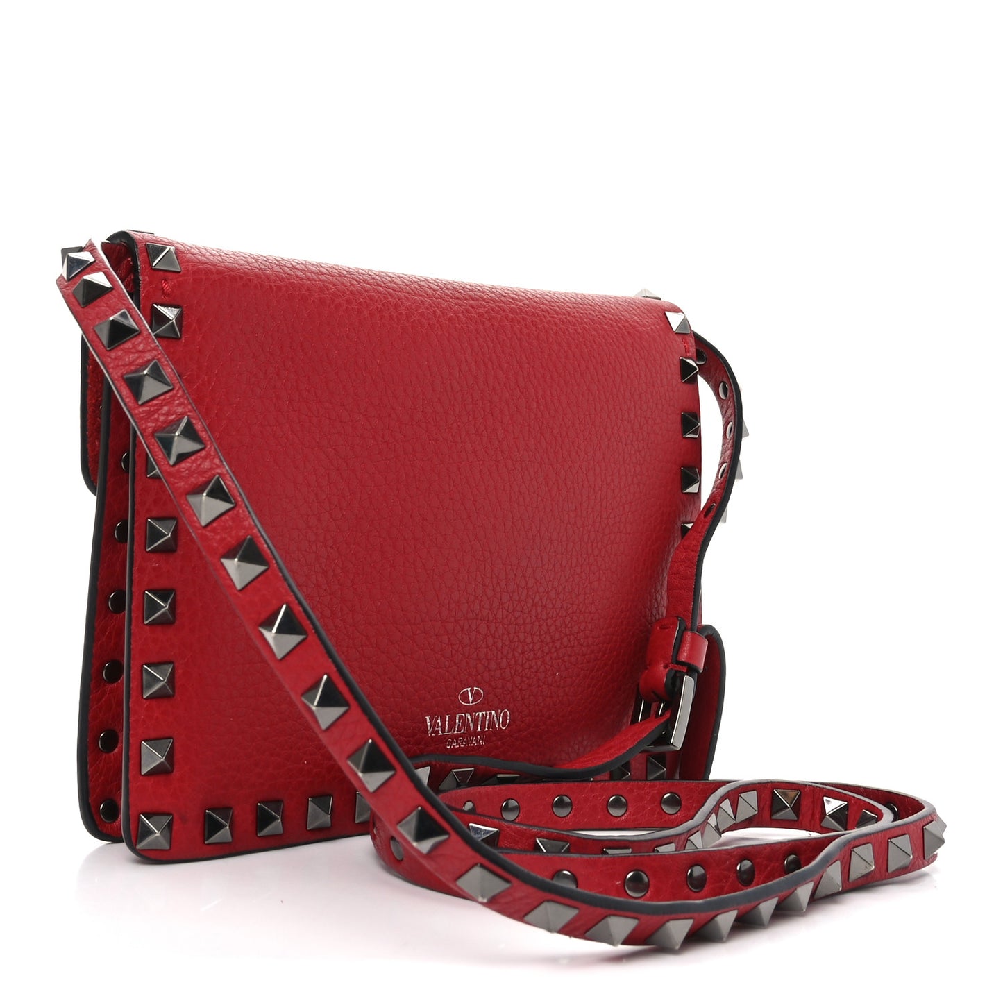 Pebbled Calfskin Medium Rockstud Flip Lock Crossbody Bag Red