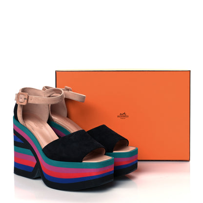 Hermes Suede Goatskin Early Wedge Sandals 38.5 Multicolor Black 9 of 9