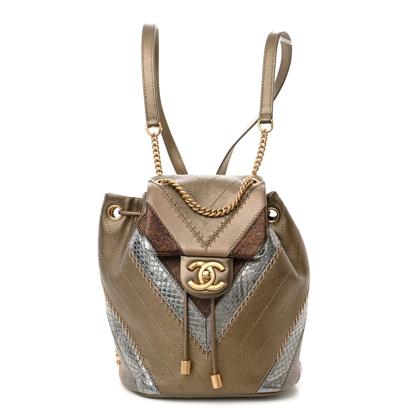 Metallic Calfskin Snakeskin Chevron Quilted Backpack Multicolor