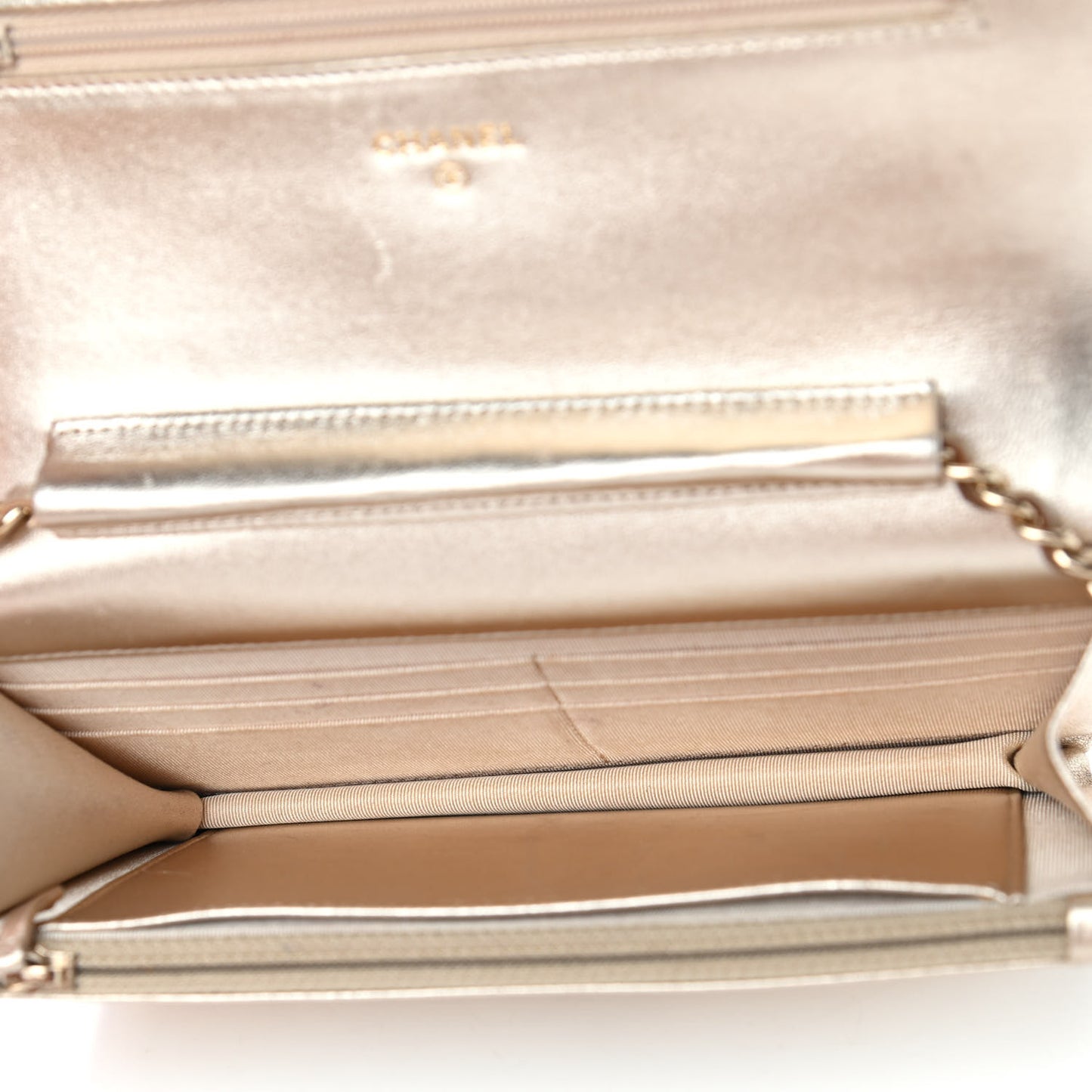Metallic Lambskin Quilted Wallet On Chain WOC Gold
