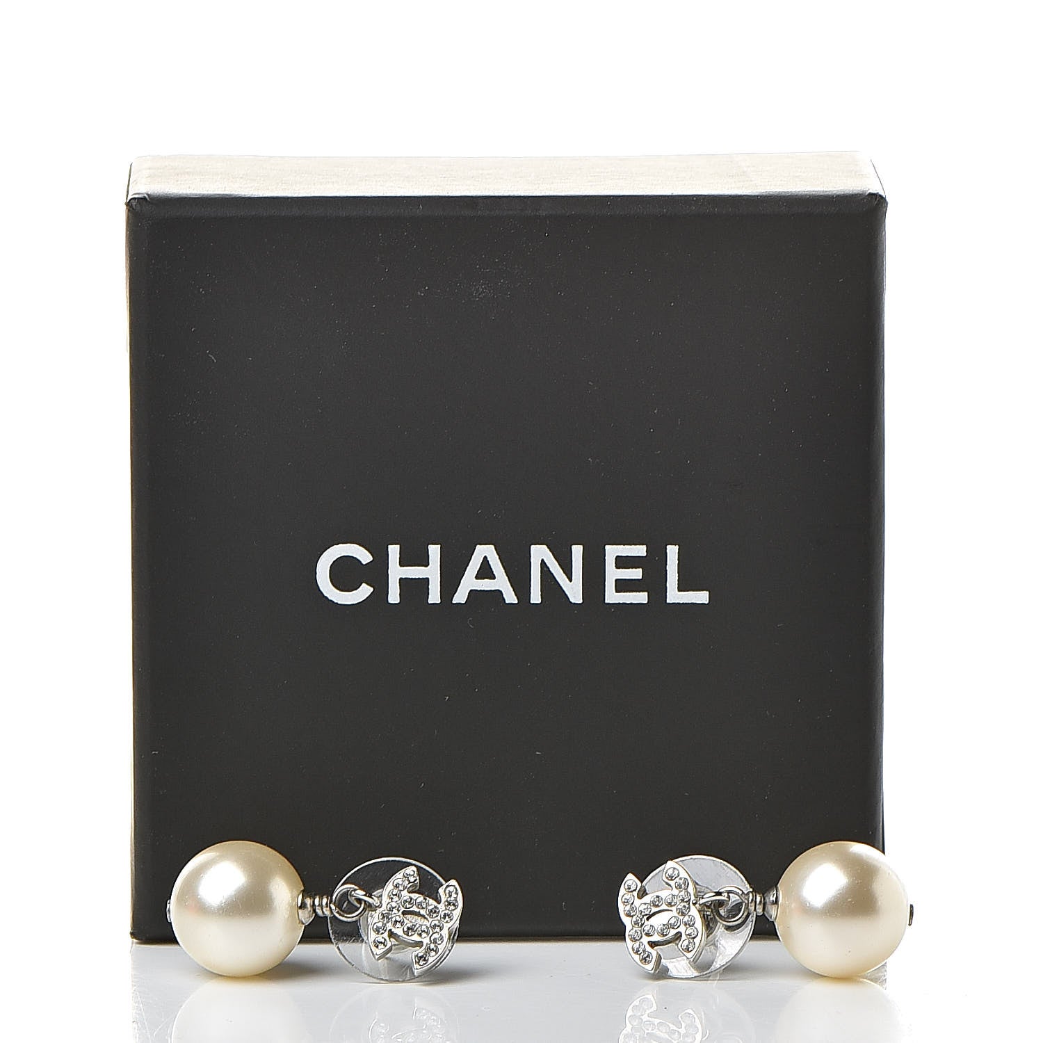Chanel Crystal Pearl CC Drop Earrings Silver Pearly White 5 of 5
