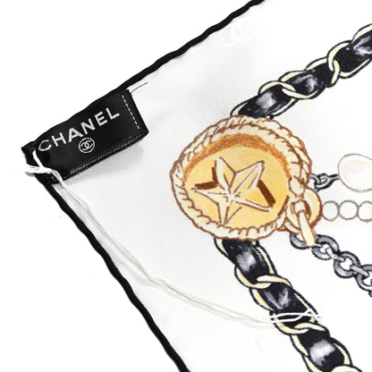 Chanel Silk CC Logo Charms Scarf White Gold Black 3 of 3