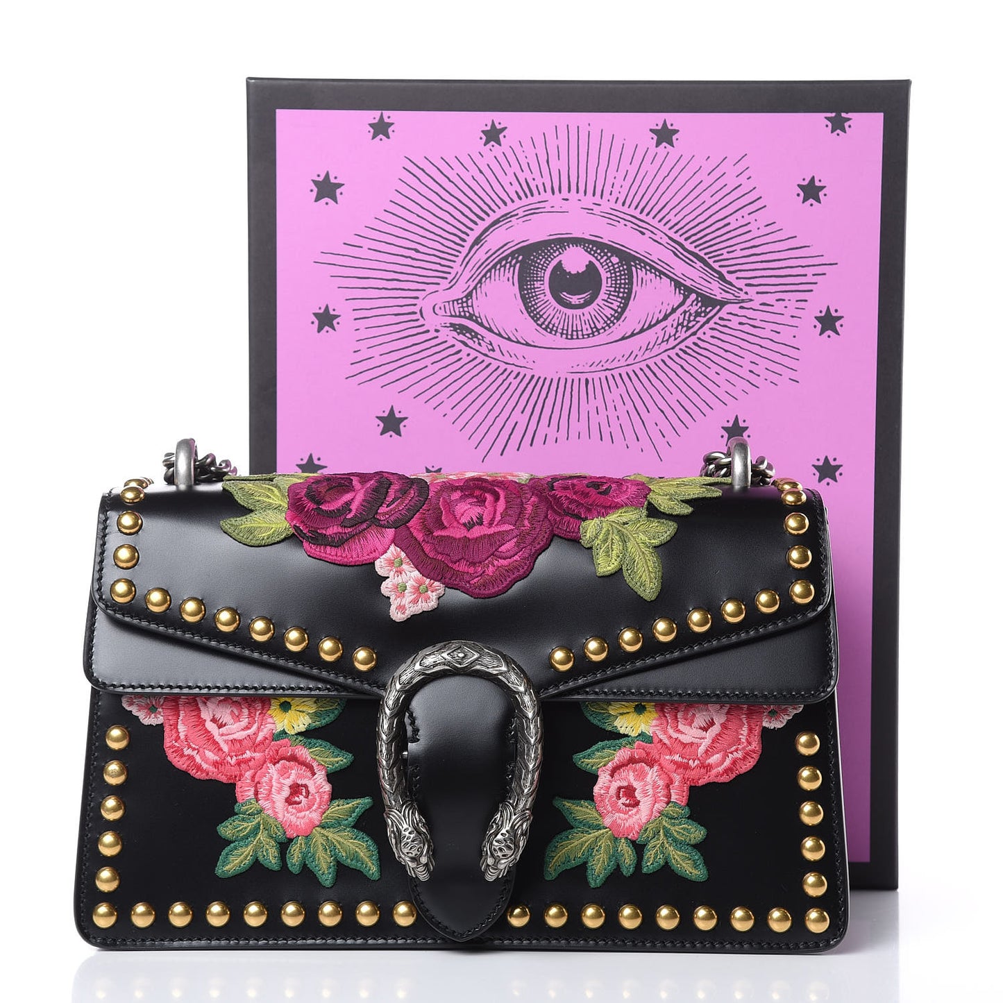 Calfskin Floral Embroidered Studded Small Dionysus Shoulder Bag Black