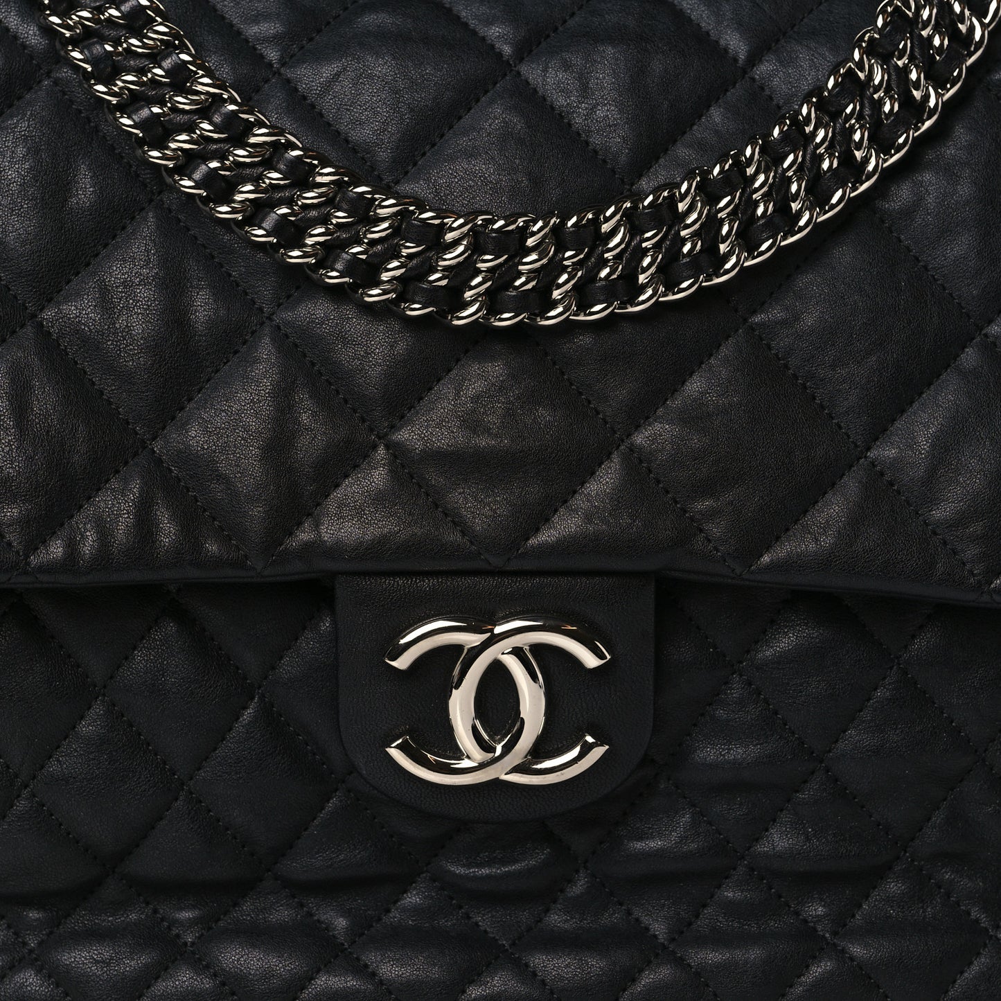 Washed Lambskin Quilted Maxi Chain Around Flap Black