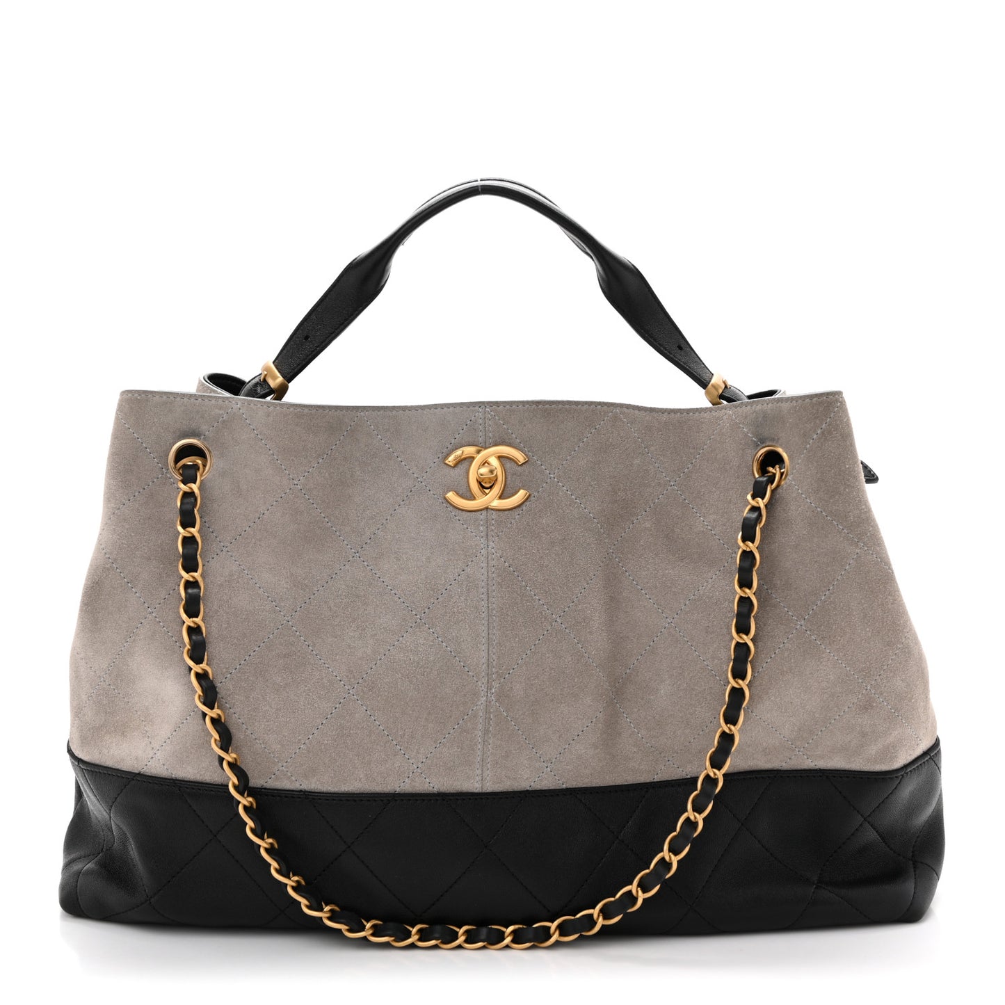 Suede Calfskin Shiny Lambskin Quilted Large Coco Base Shopping Bag Grey Black