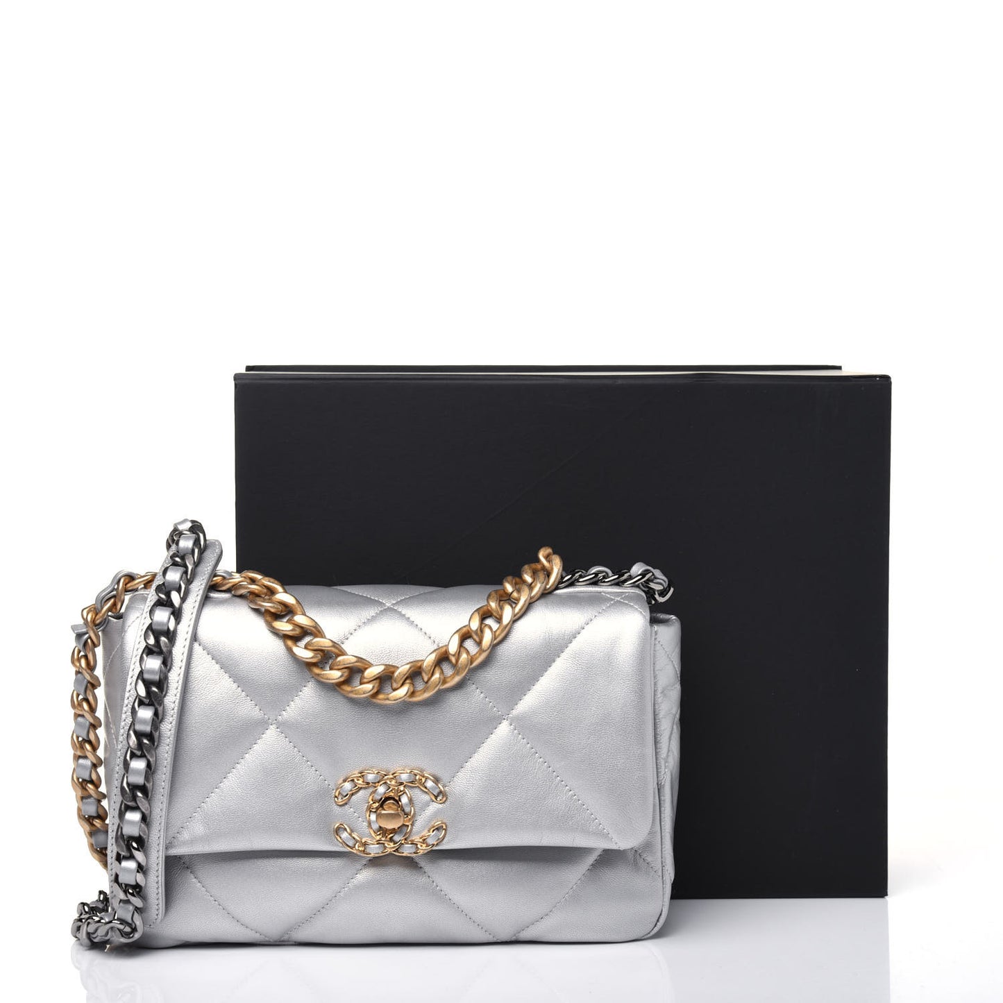Metallic Goatskin Quilted Medium Chanel 19 Flap Silver