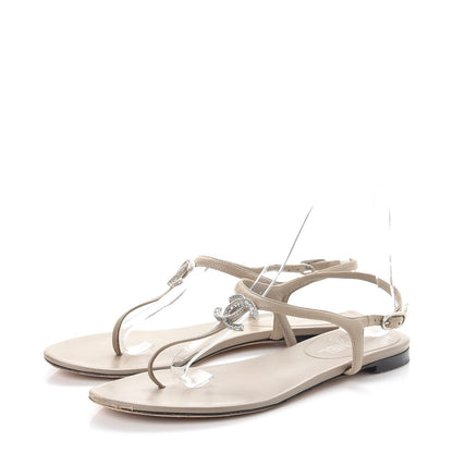 Chanel Lambskin Crystal CC Thong Sandals 38.5 Beige 3 of 12